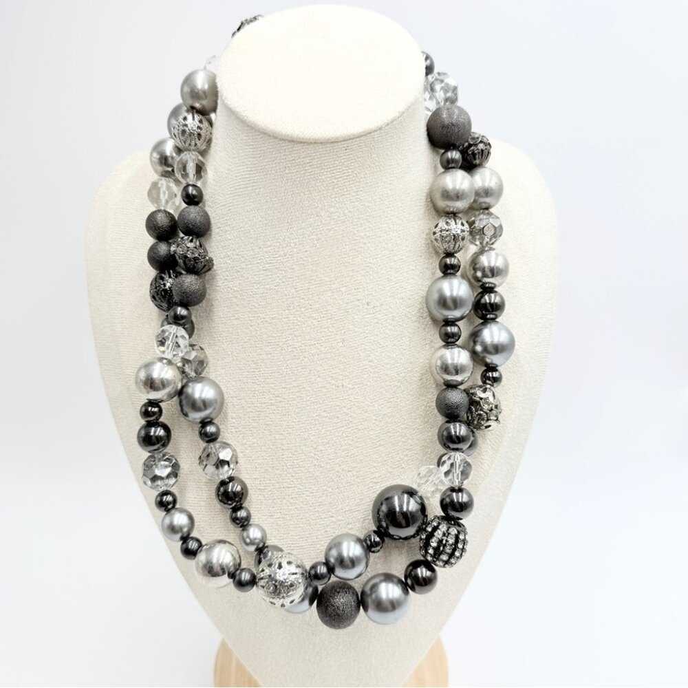 Chico’s Long Statement Necklace Faux Pearls Filigree Balls Crystals